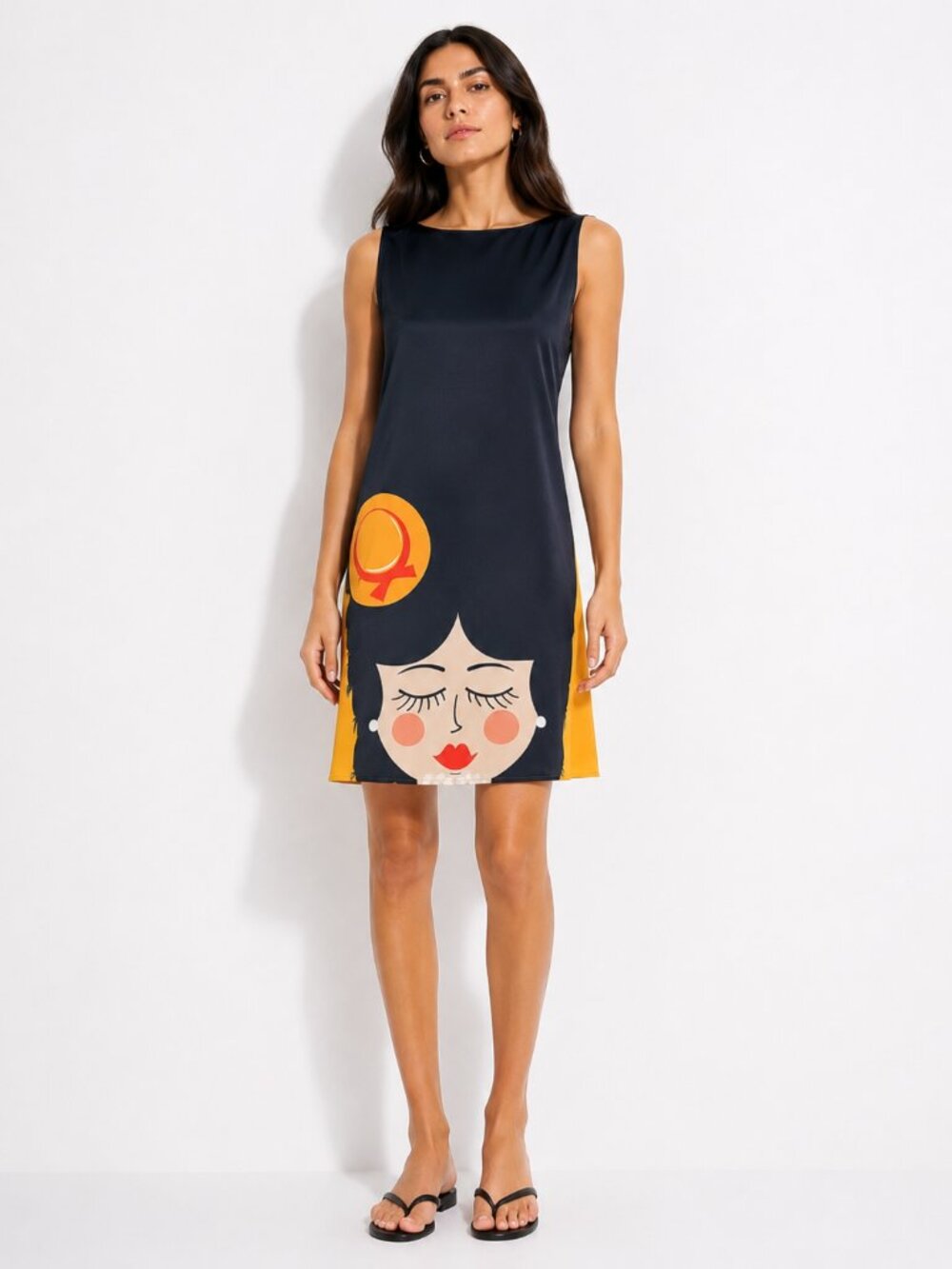 GIULIA ROSITANI 100% SILK WOMEN'S GRAPHIC FACE SLEEVELESS SHIFT DRESS - M